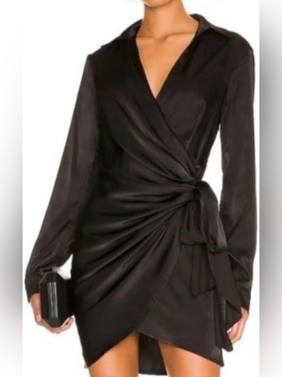 House of Harlow 1960 Dresses & Skirts - House of Harlow 1960 Satin Wrap Long Sleeve Mini Dress Black Size Small